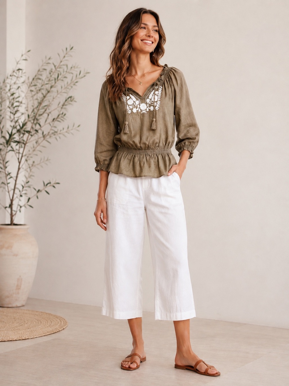 Richard Malcolm Linen Blend Embroidered Peasant Top Olive Boho Quit Luxury SZ L